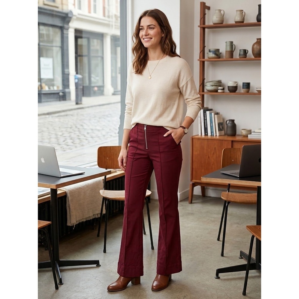 High Rise Flare Free People Burgundy Viscose Blend Pants Size M Medium